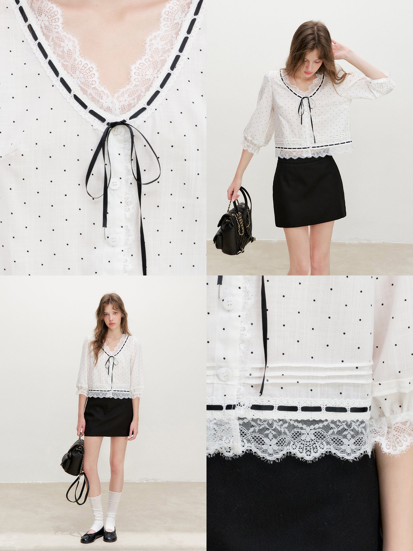 16DEWS 16D26361 Sheer Polka-Dot Tencel Cropped Blouse