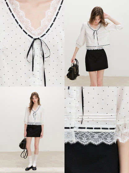 16DEWS 16D26361 Sheer Polka-Dot Tencel Cropped Blouse
