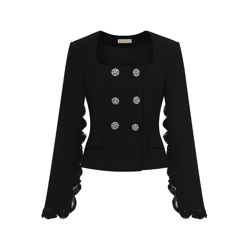 SHEERLUCK SLTZ25408 Vintage stand collar lace suit jacket + skirt set