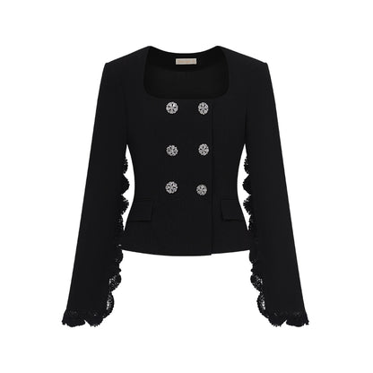 SHEERLUCK SLTZ25408 Vintage stand collar lace suit jacket + skirt set