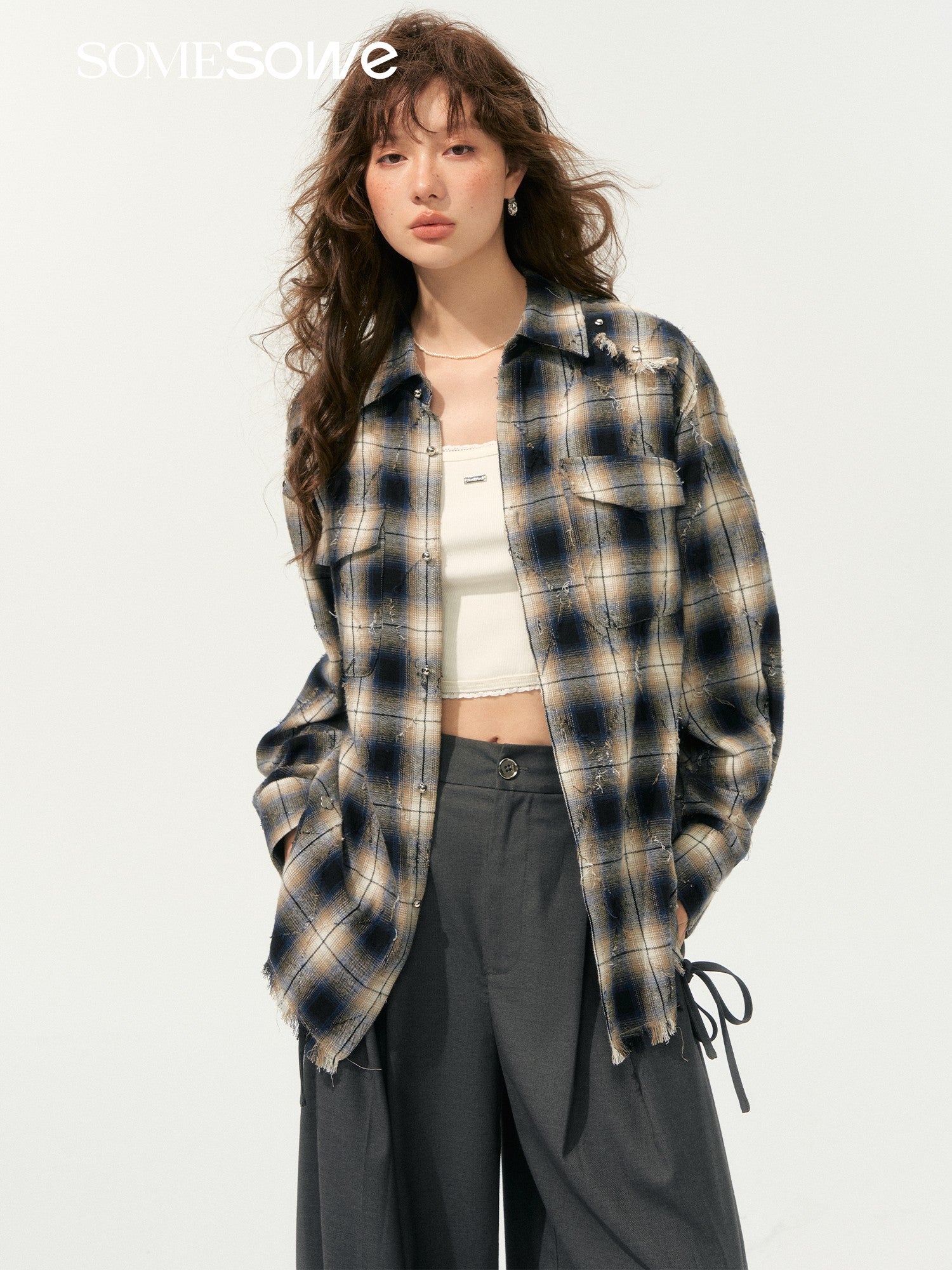 SOMESOWE S2508185 Light punk fringe plaid shirt