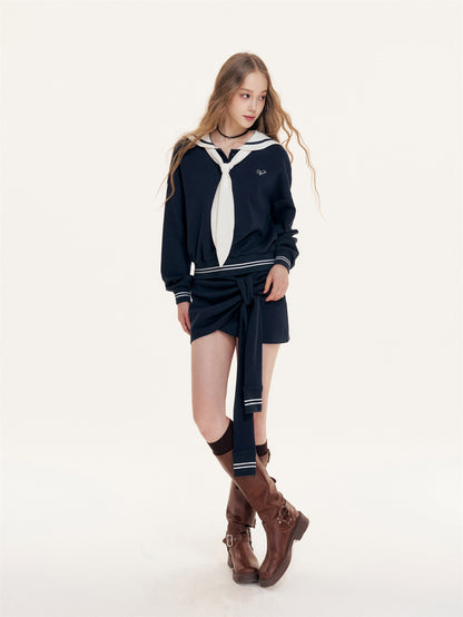 16DEWS 16D25415&amp;16D25416 British Navy collar contrasting hoodie + skirt set