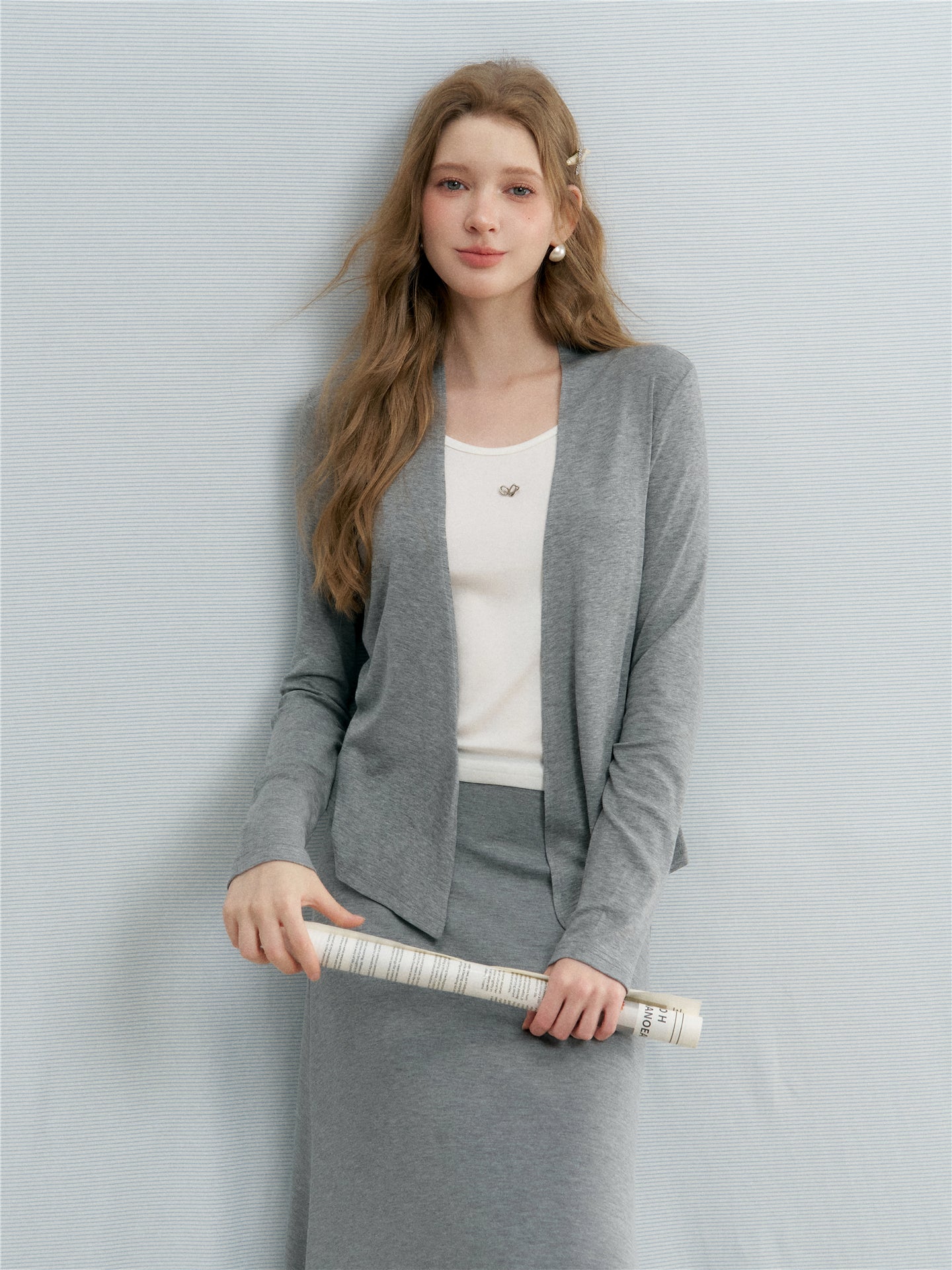 16DEWS 16D26037&amp;16D26038 Fake two knitted round neck cardigan + skirt