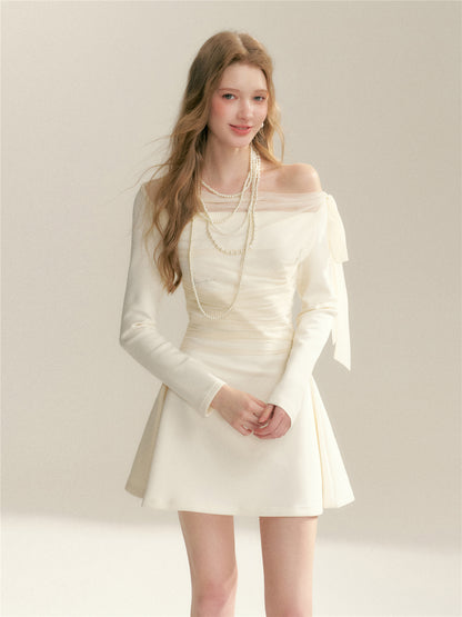 16DEWS 16D26021 Off shoulder bow slim fit long sleeved dress