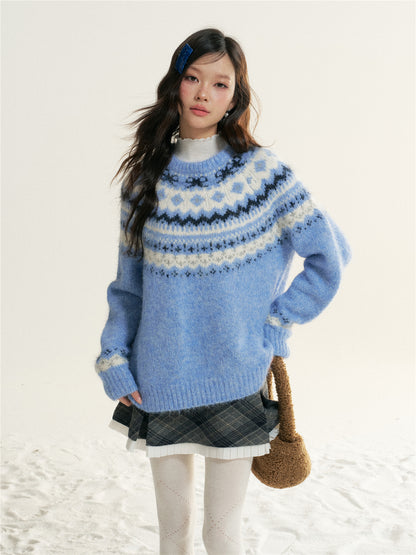 16DEWS 16D25511 Fair Isle Cable Knit Crewneck Sweater