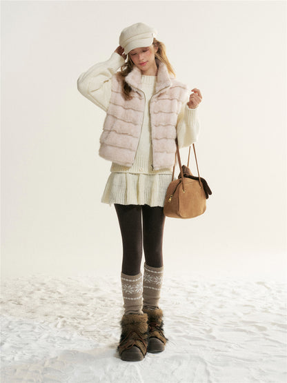 16DEWS 16D25531 Stand collar design imitates mink fur vest