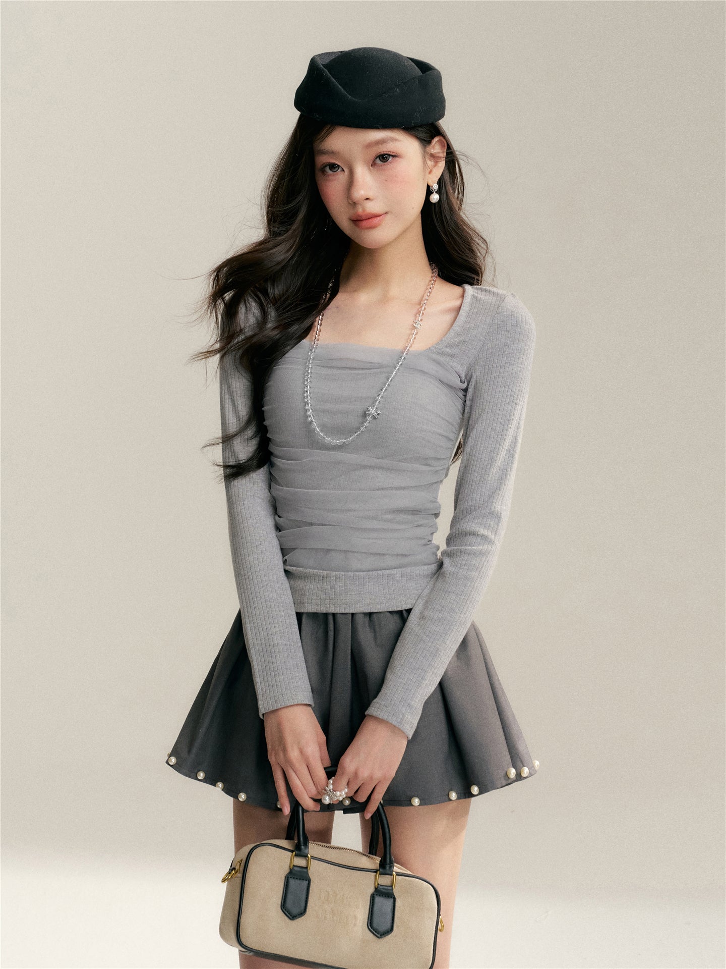 16DEWS 16D26050 Mesh splicing square collar design slim fit top