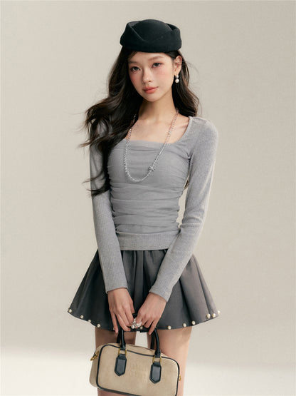 16DEWS 16D26050 Mesh splicing square collar design slim fit top