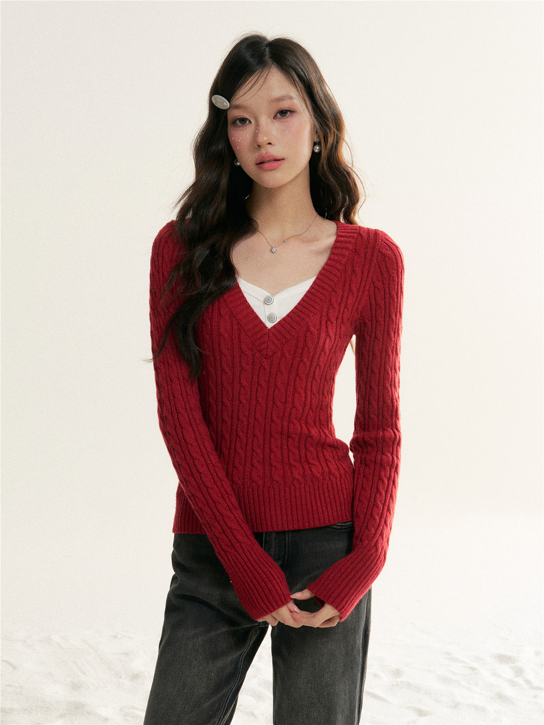 16DEWS 16D25514 Contrast V-neck fake two pieces knitting knitwear
