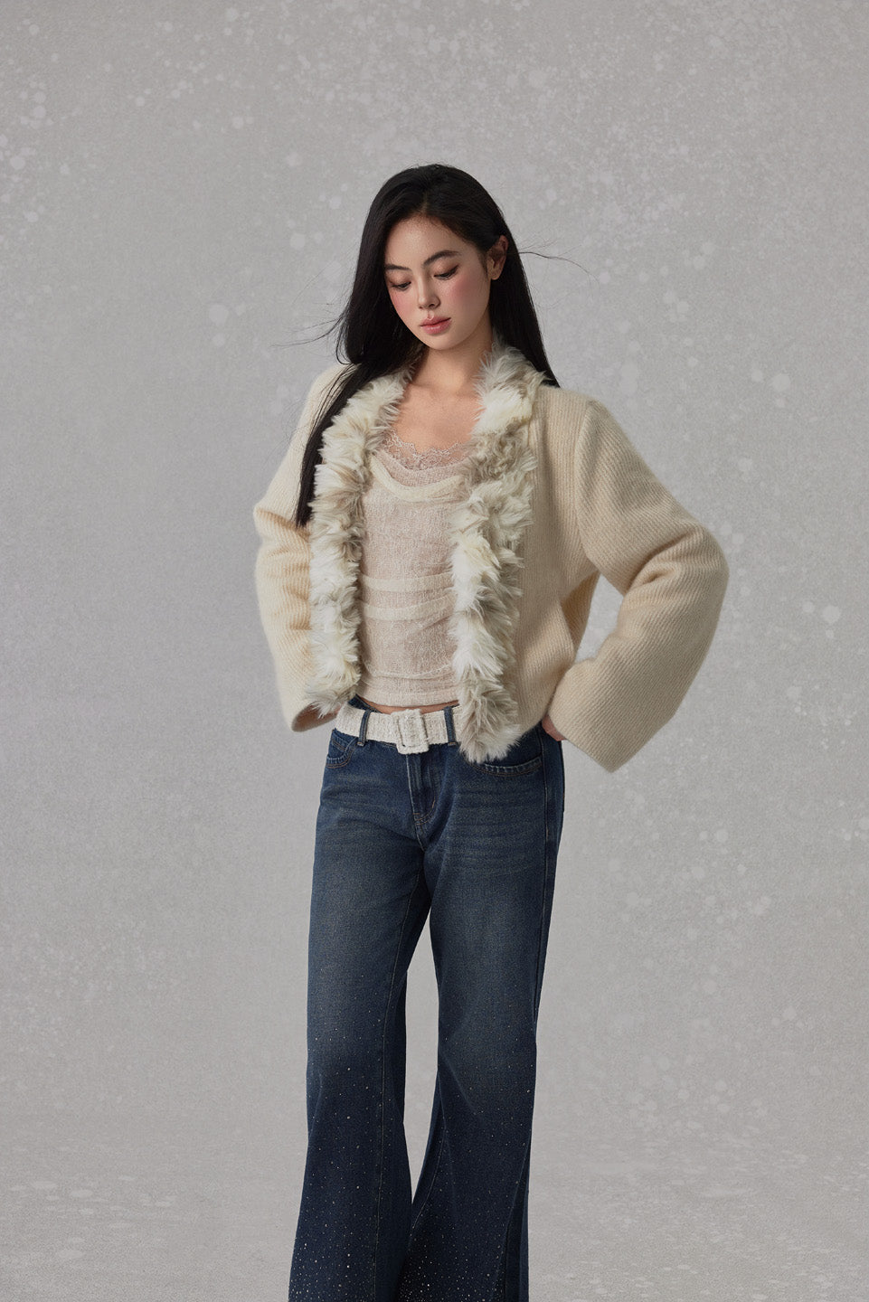 NONCESTNON in stock  N275 Knitted fur collar buttonless jacket
