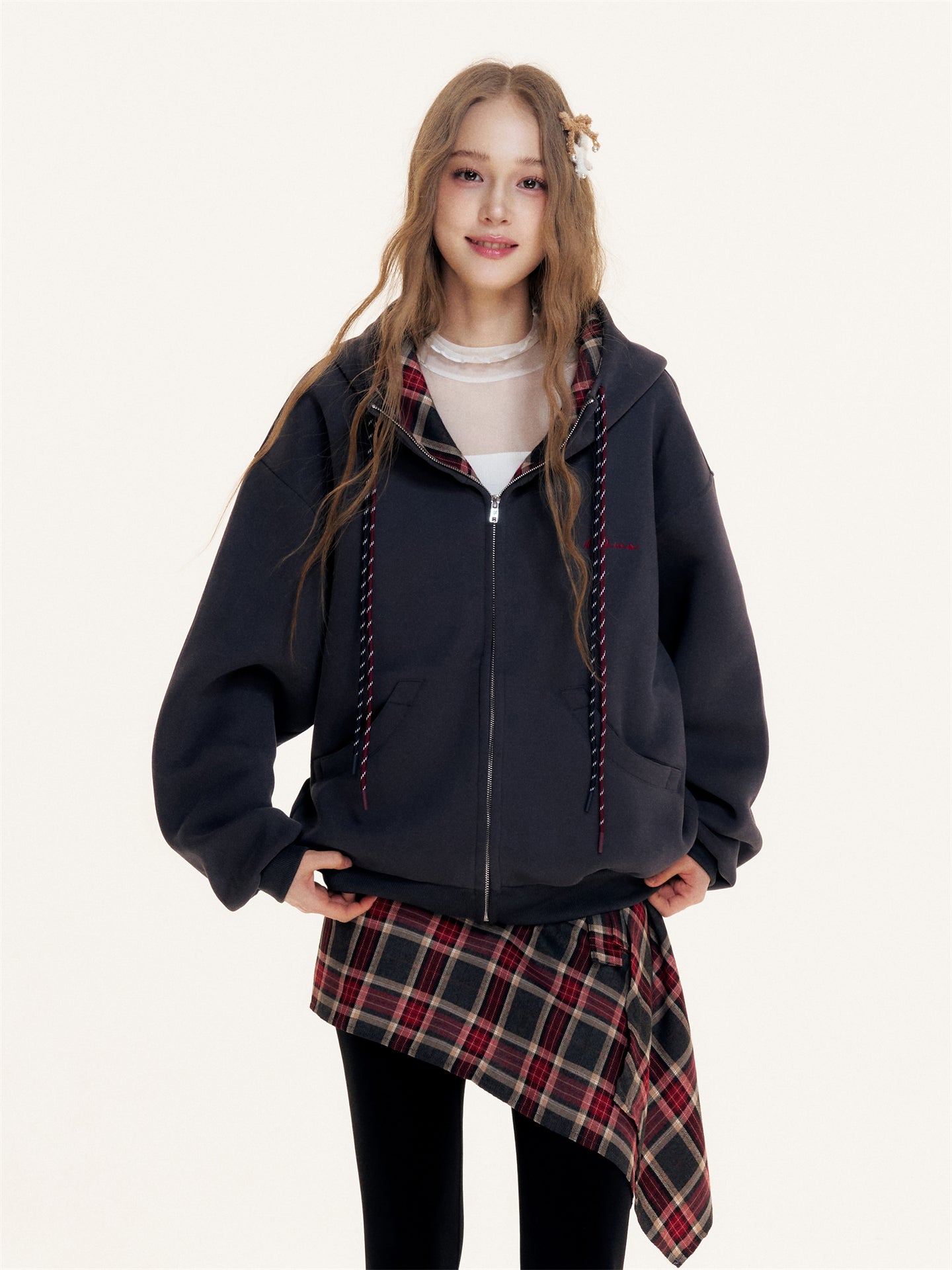 16DEWS 16D25429 Color blocked hooded drawstring sweatshirt jacket
