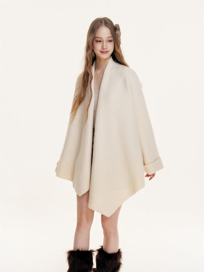 16DEWS 16D25411 Irregular hem lapel woolen cloak coat