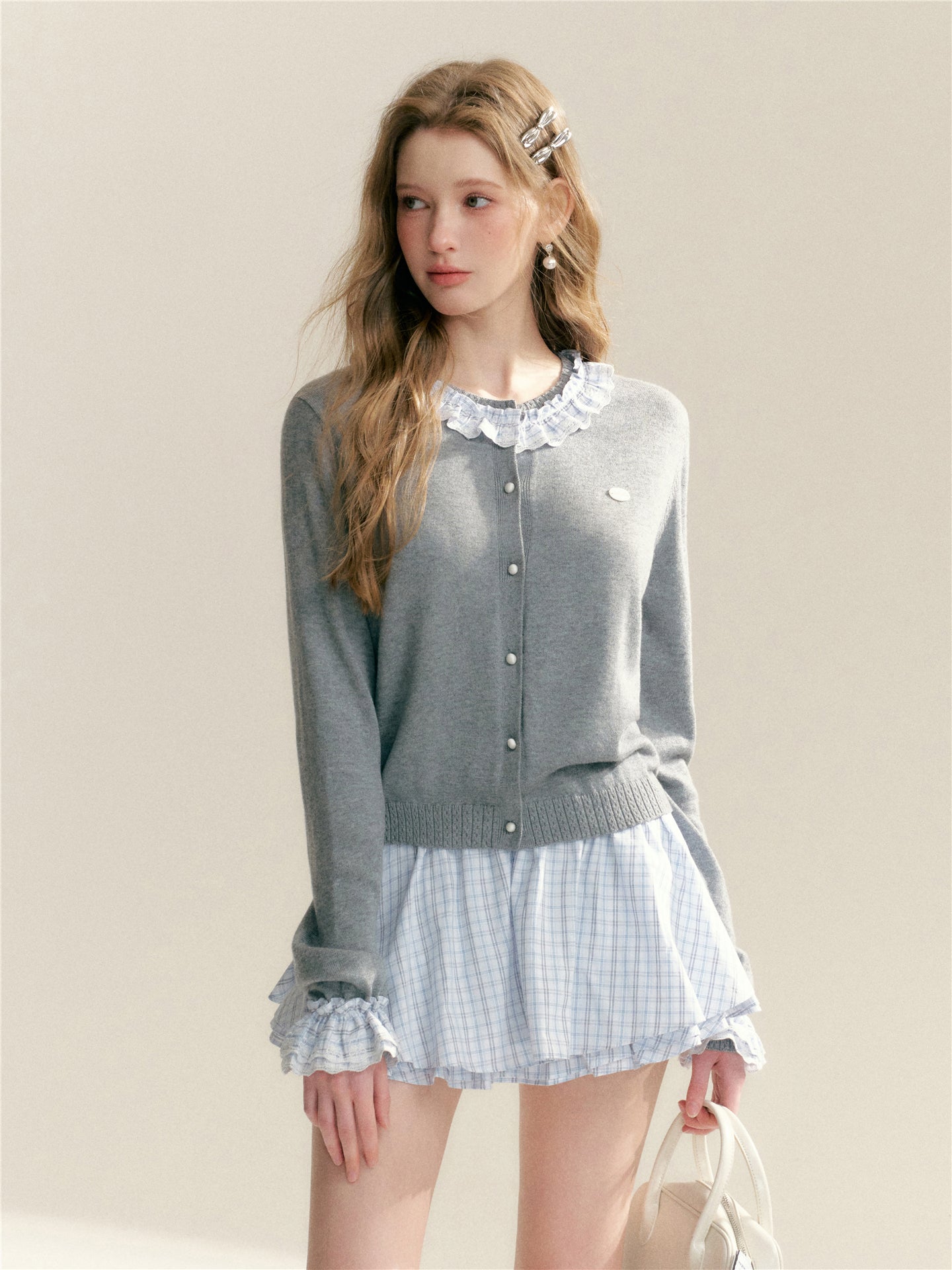 16DEWS 16D26051 Color blocking plaid round neck knitted cardigan