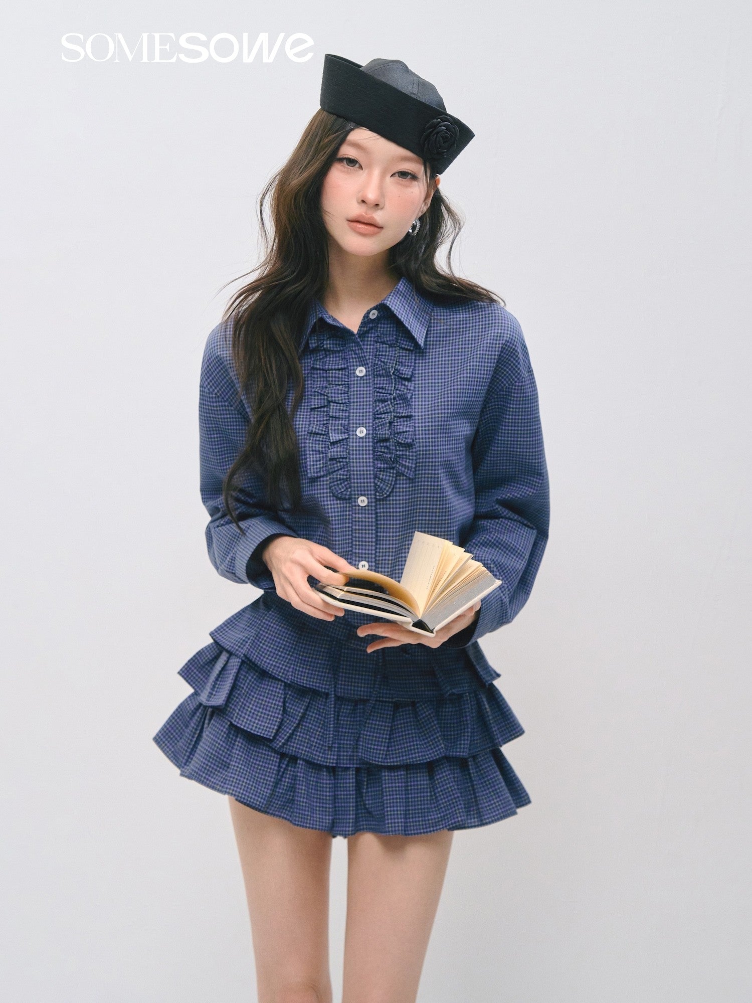 SOMESOWE S2509029&amp;S2509030 Plaid ruffled silhouette short shirt + skirt