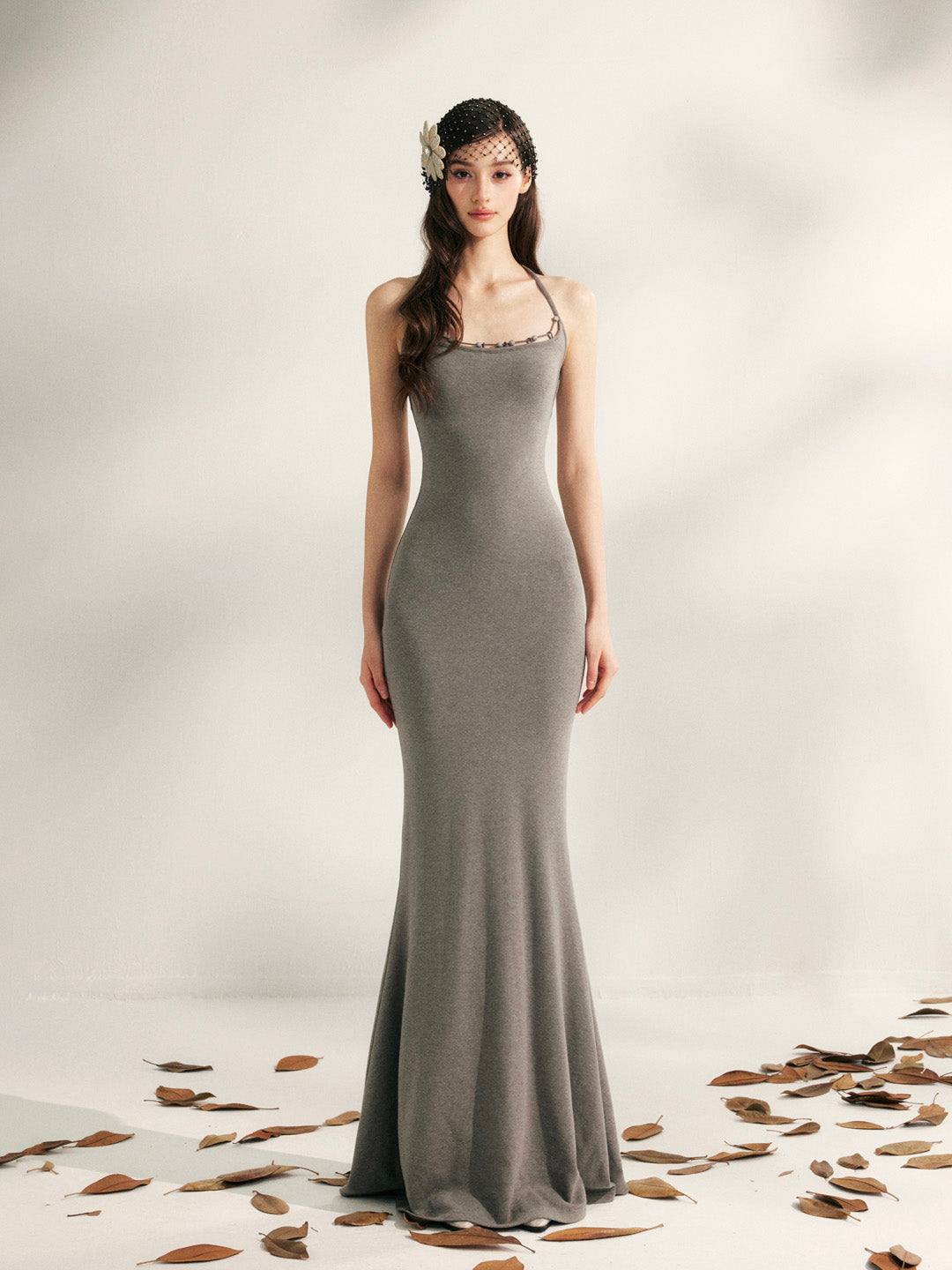 YZZI HE Beaded halter neck knitted fishtail maxi dress