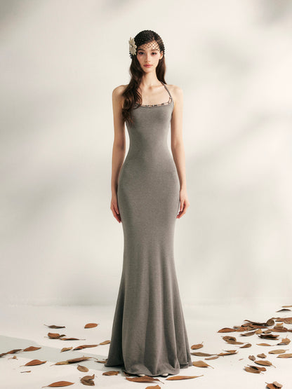 YZZI HE Beaded halter neck knitted fishtail maxi dress
