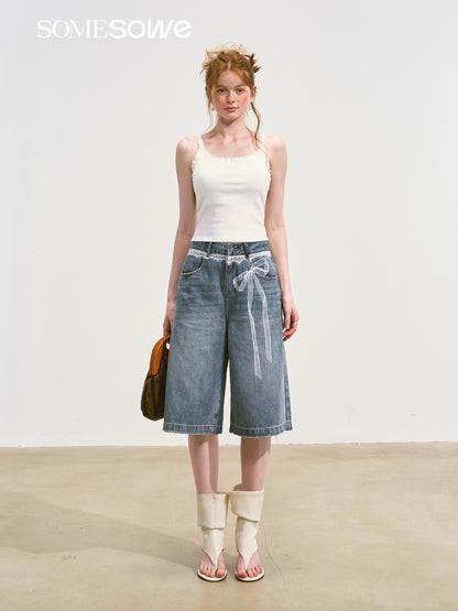 SOMESOWE S2508109 Lace printed wide leg denim shorts
