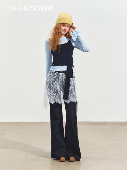 SOMESOWE S2508252 Fake two piece lace micro flared jeans