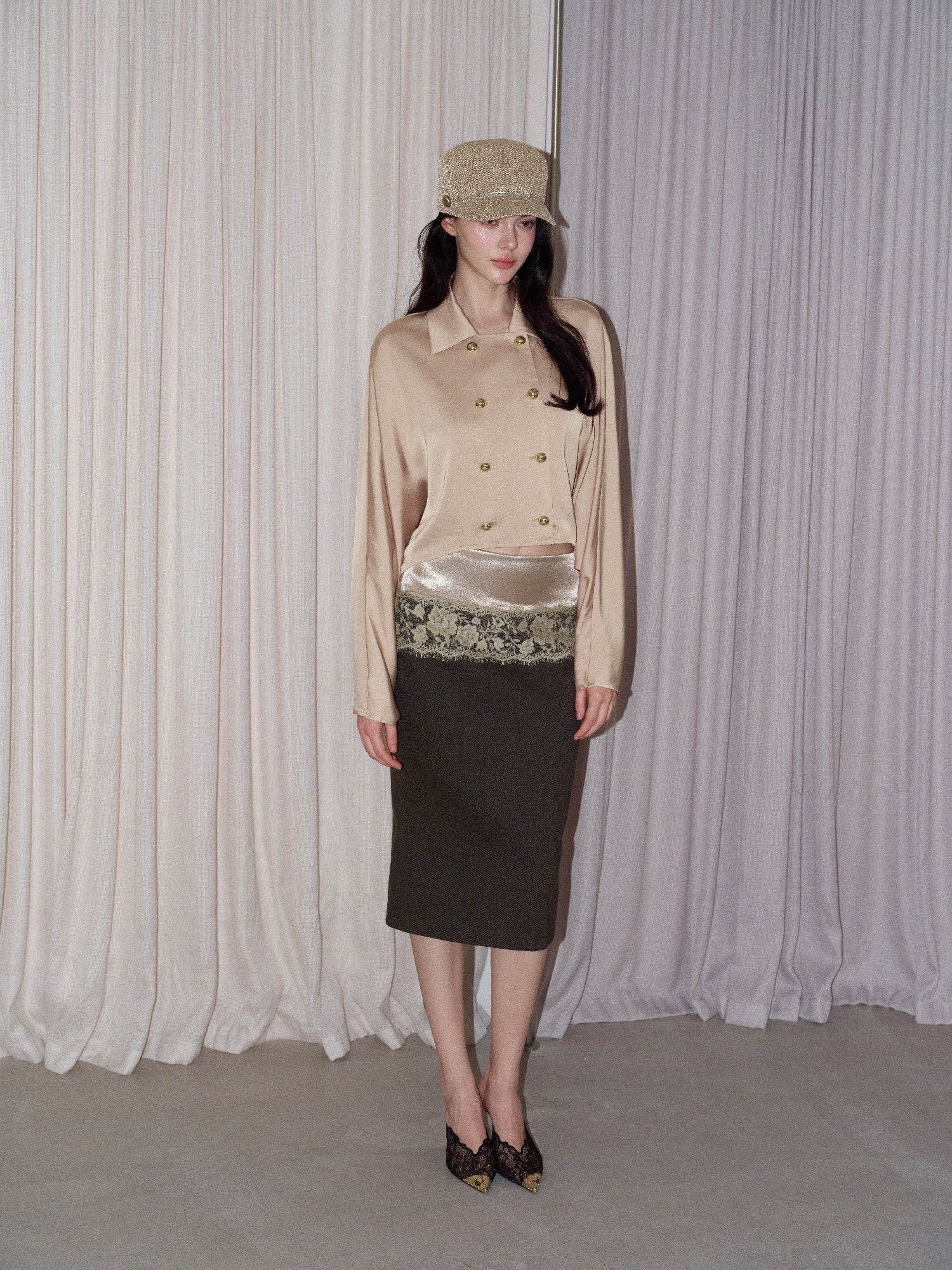 NONCESTNON N378 Lace Panelled Midi Skirt