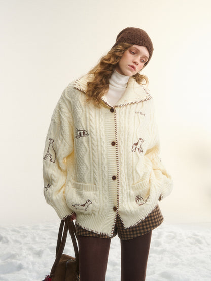 AsGony ASG25557 Wool Embroidered Stand up Collar Twisted Knitted Coat