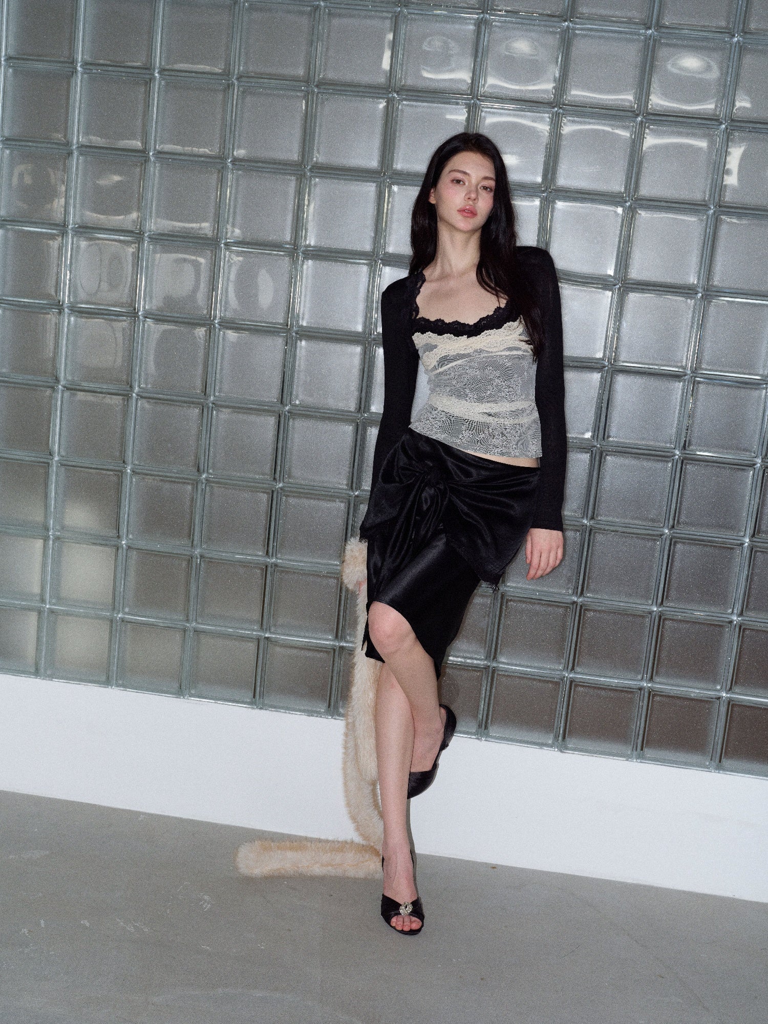 NONCESTNON N370 Black Acetate Tie-Waist Skirt