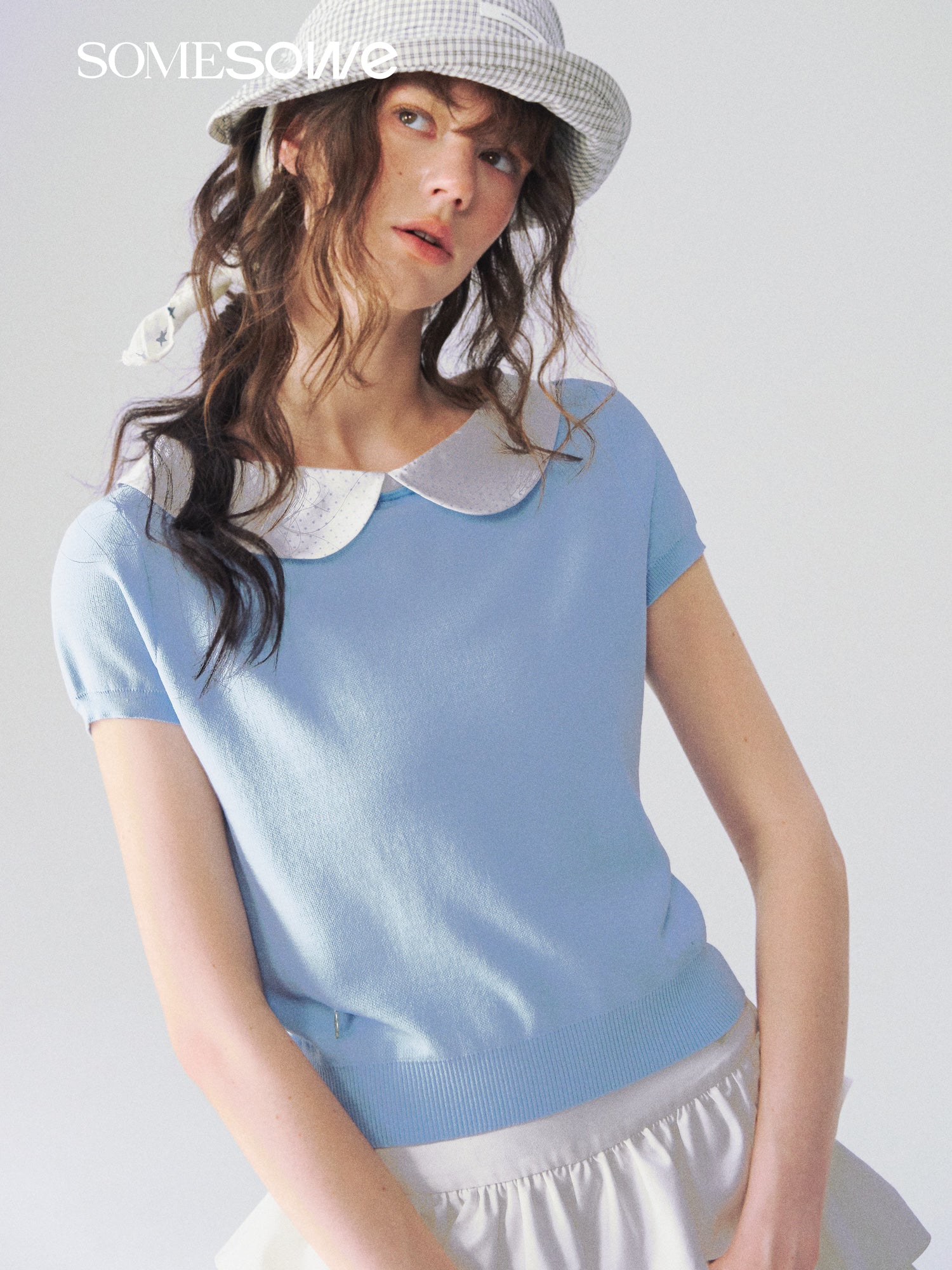 SOMESOWE S2609097 Doll collar patchwork knitted short sleeved shirt