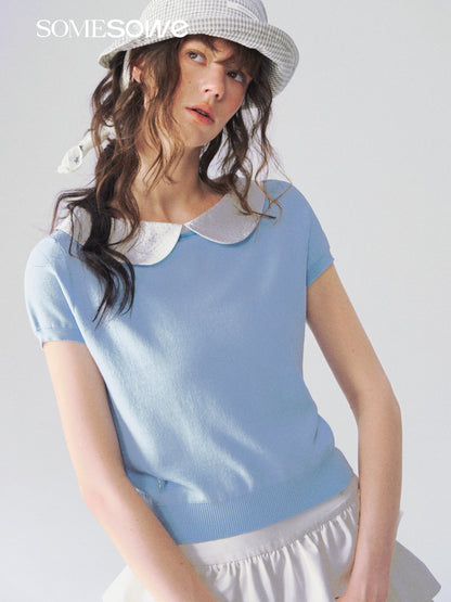 SOMESOWE S2609097 Doll collar patchwork knitted short sleeved shirt