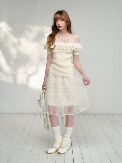 16DEWS 16D26115 Wrinkled ruffle edge knitted top