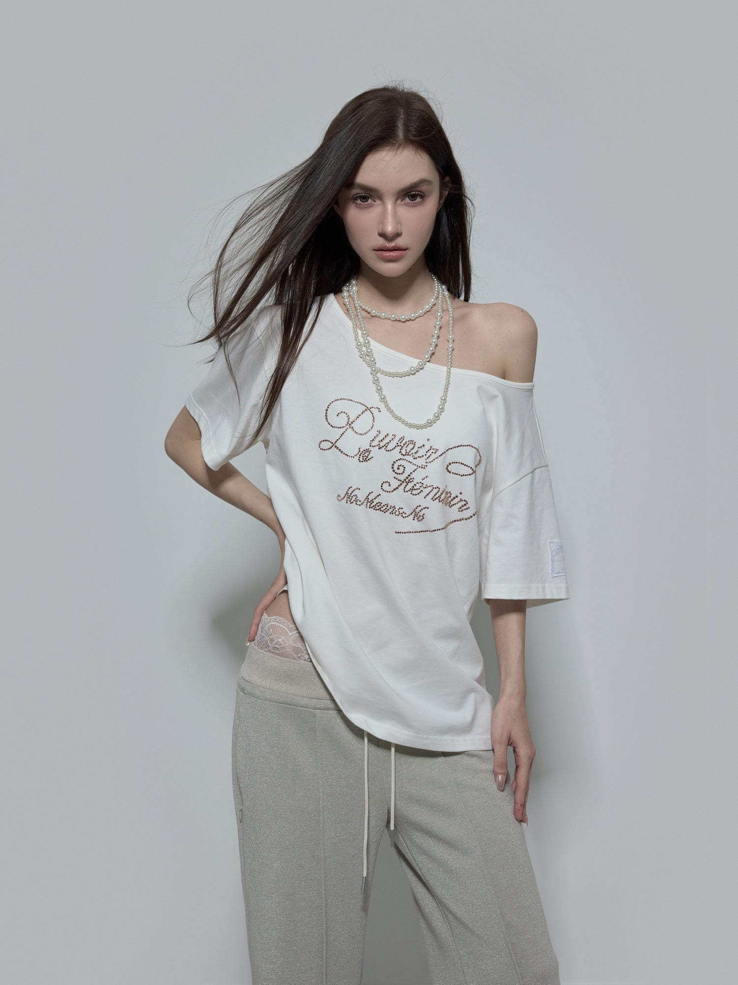 NOMEANSNO Off-Shoulder Rhinestone Embellished T-Shirt