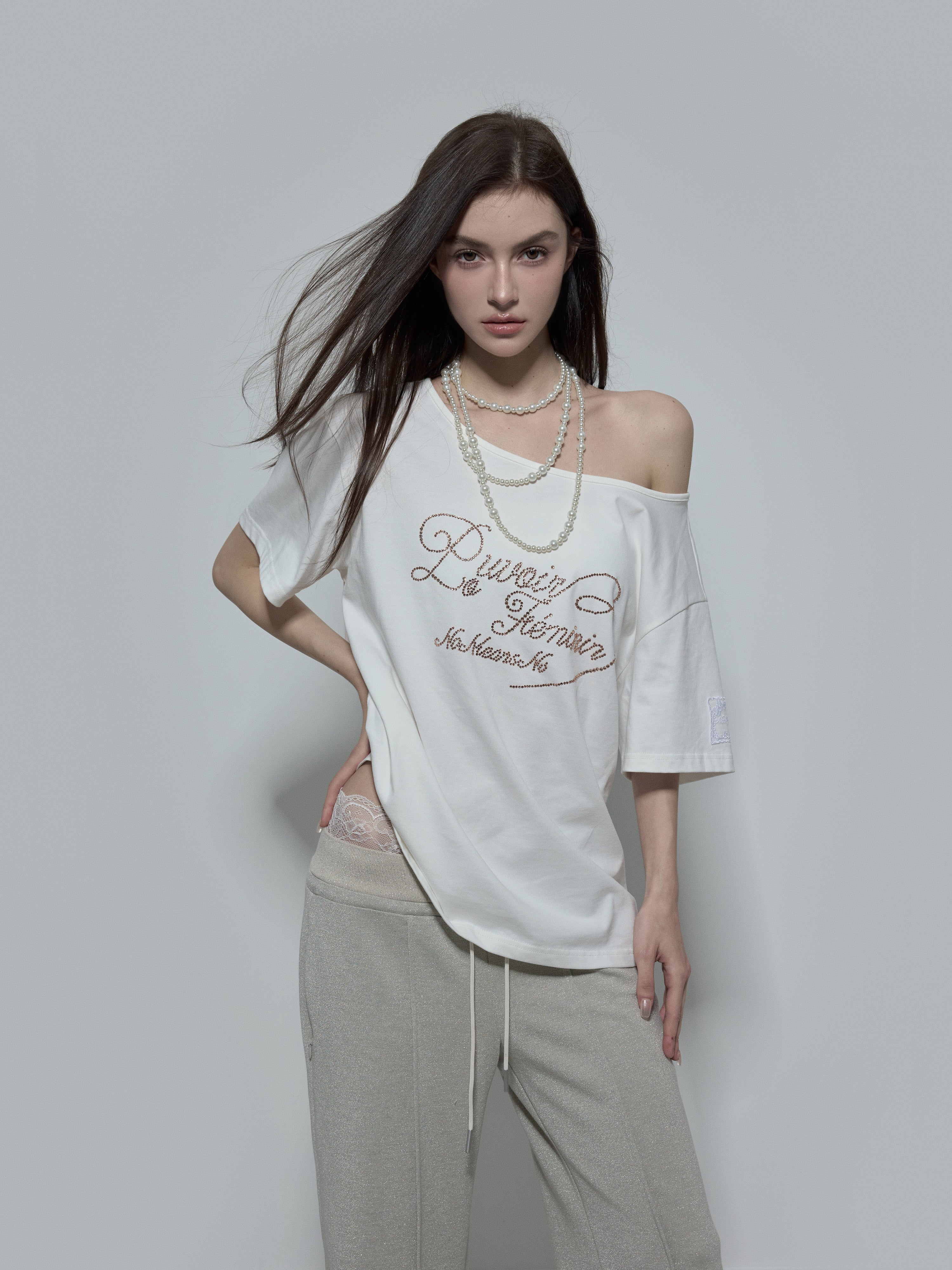 NOMEANSNO Off-Shoulder Rhinestone Embellished T-Shirt