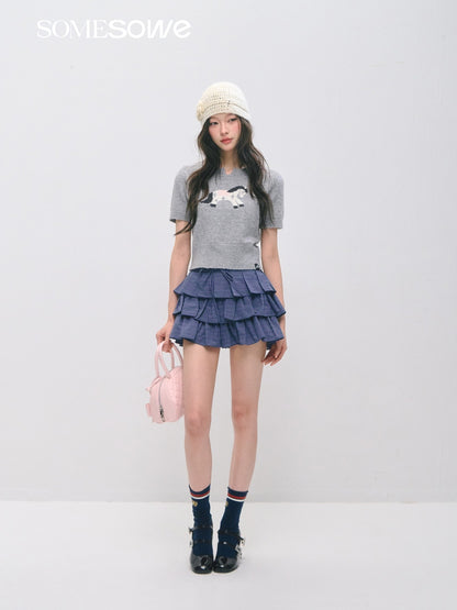 SOMESOWE S2609034 Pony Jacquard Knitted Short Sleeve Top