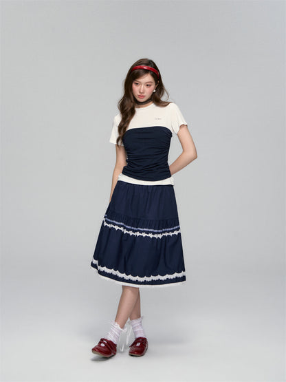 AsGony ASG25109 Elastic lace A-line skirt