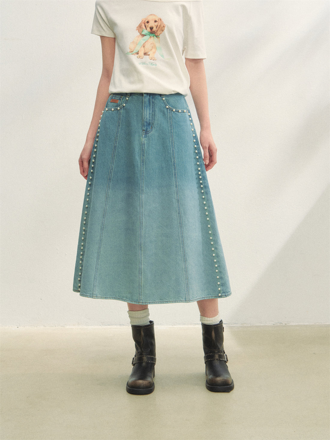 AsGony ASG25276 Pearl decoration gradient denim skirt