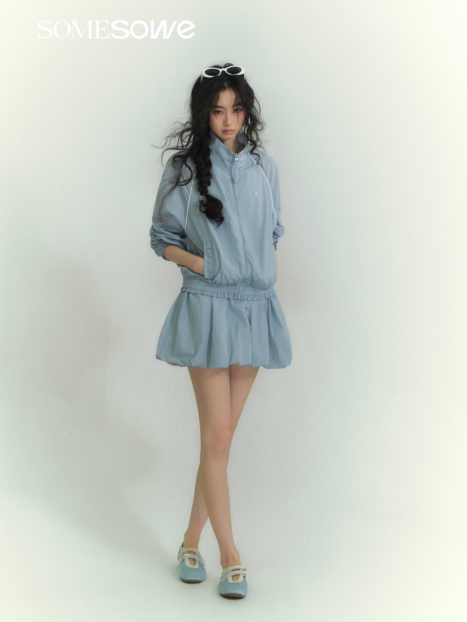 SOMESOWE S2609061&amp;S2609062 Splicing stand up collar casual jacket + floral camisole dress