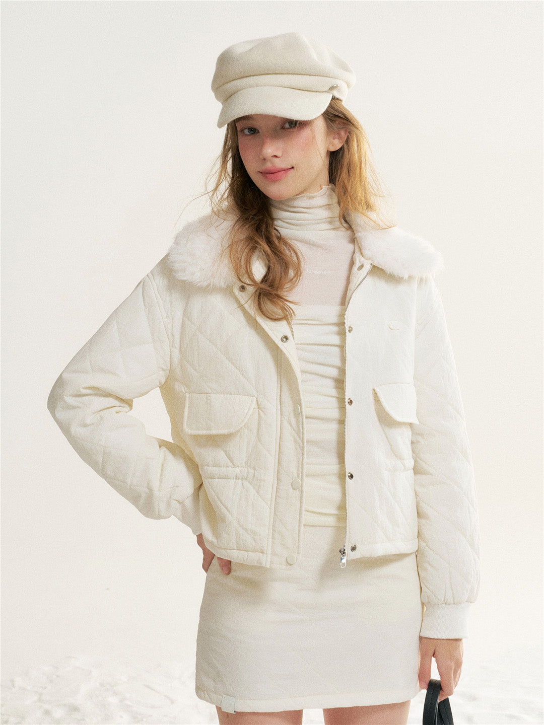 16DEWS 16D25535 Plaid waist cinching fur collar cotton jacket + skirt set