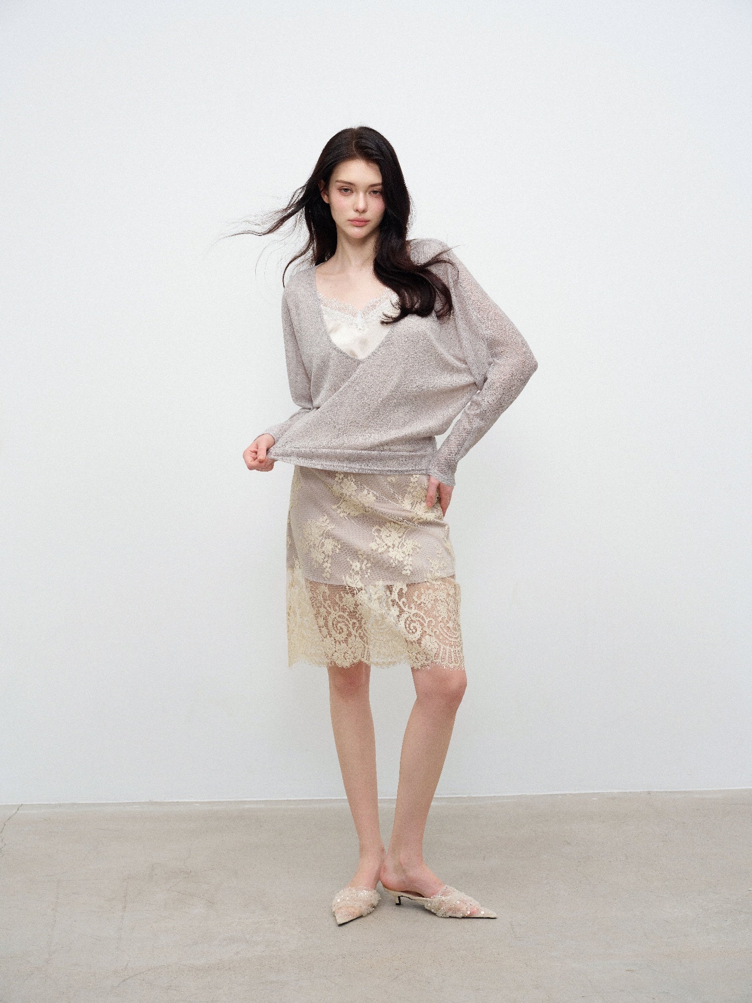 NONCESTNON N373 Two-Piece V-Neck Long-Sleeve Top