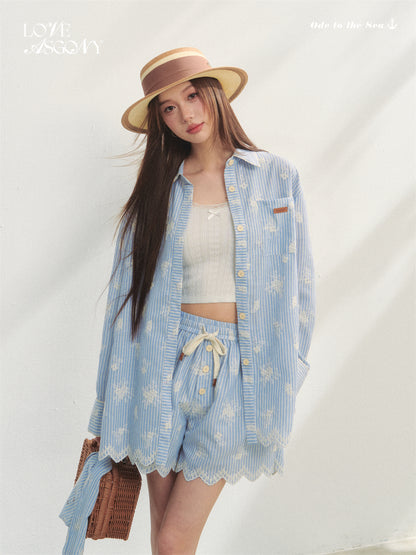 AsGony ASG25191&amp;ASG25192&amp;ASG25251 Lace embroidered wavy hem long sleeved shirt+shorts+headscarf set