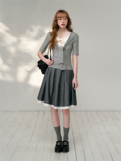 16DEWS 16D26131 Lace patchwork striped A-line large swing skirt