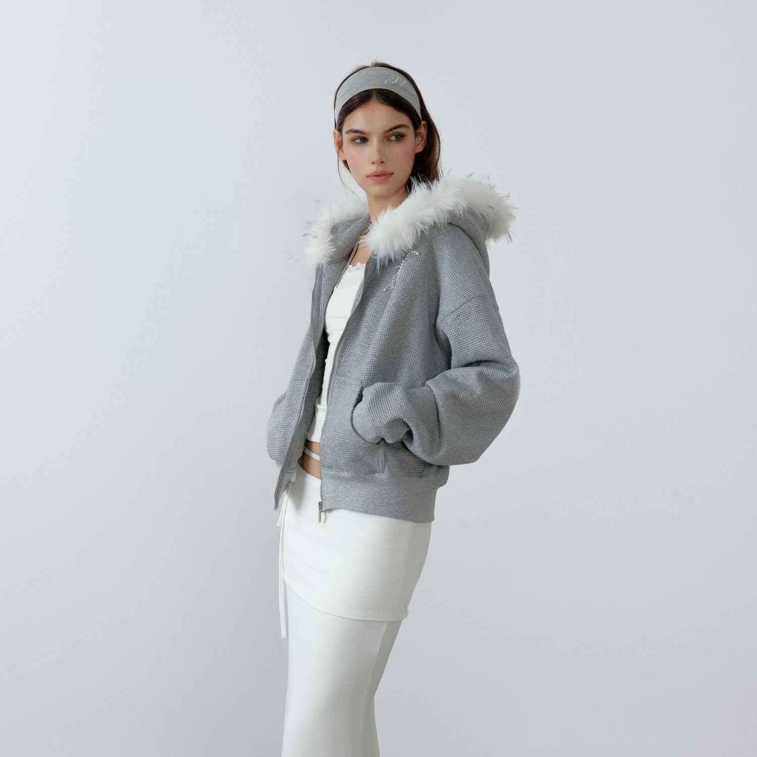 NONCESTNON N227 White fur collar gray hoodie