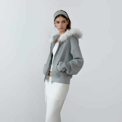 NONCESTNON N227 White fur collar gray hoodie