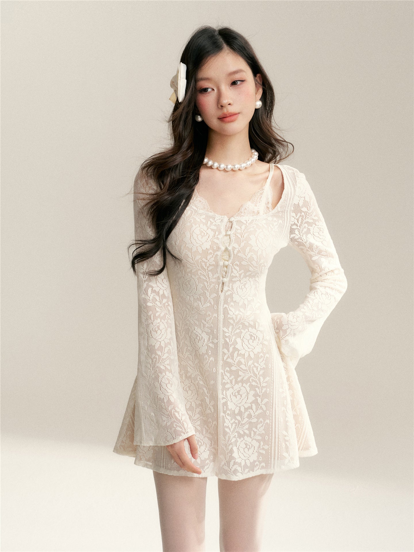 16DEWS 16D26053 Hollow jacquard lace slim fit A-line dress