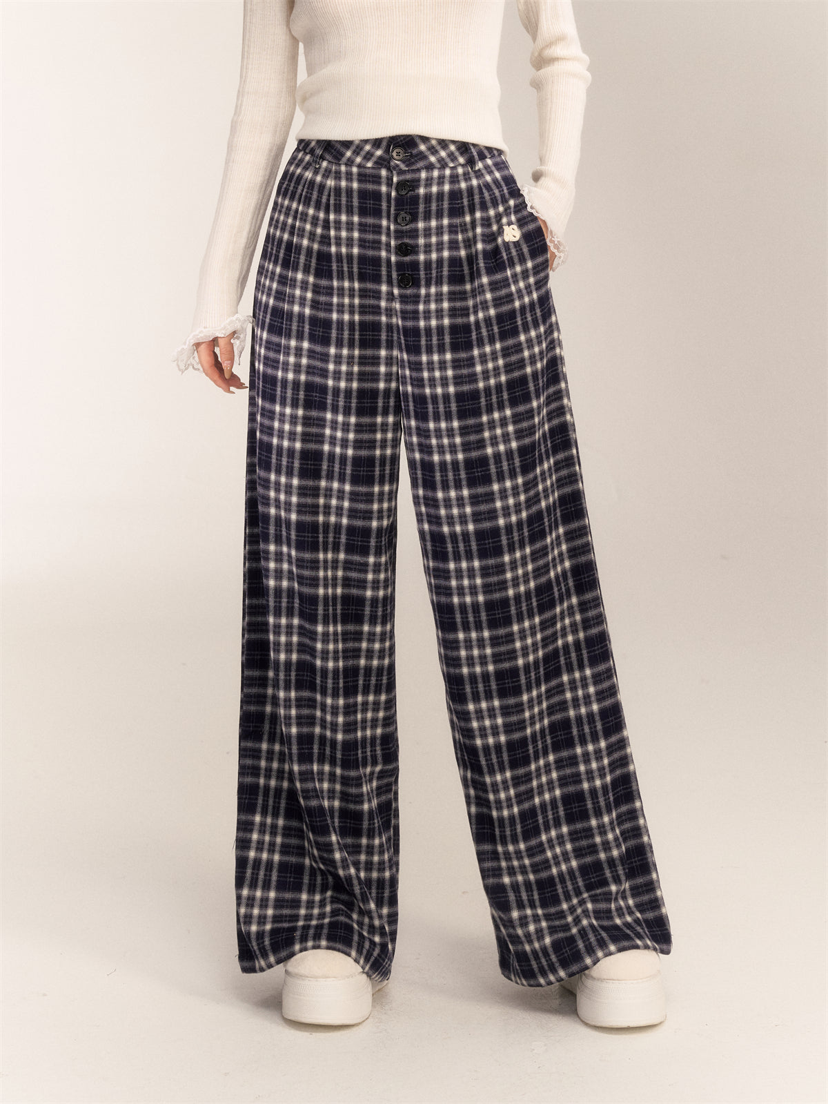 AsGony ASG24604 Vintage high-waisted breasted wide-leg slacks