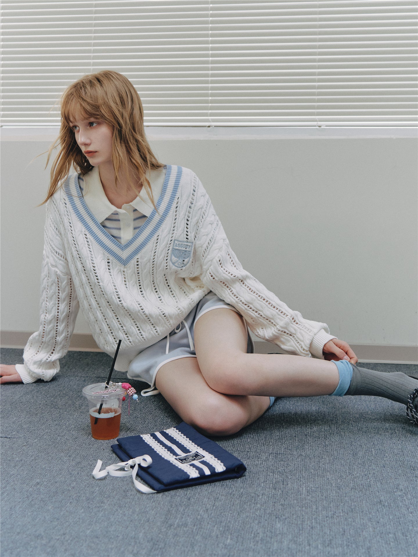 Asgony ASG26546 Cotton V-Neck Openwork Cable Knit Sweater