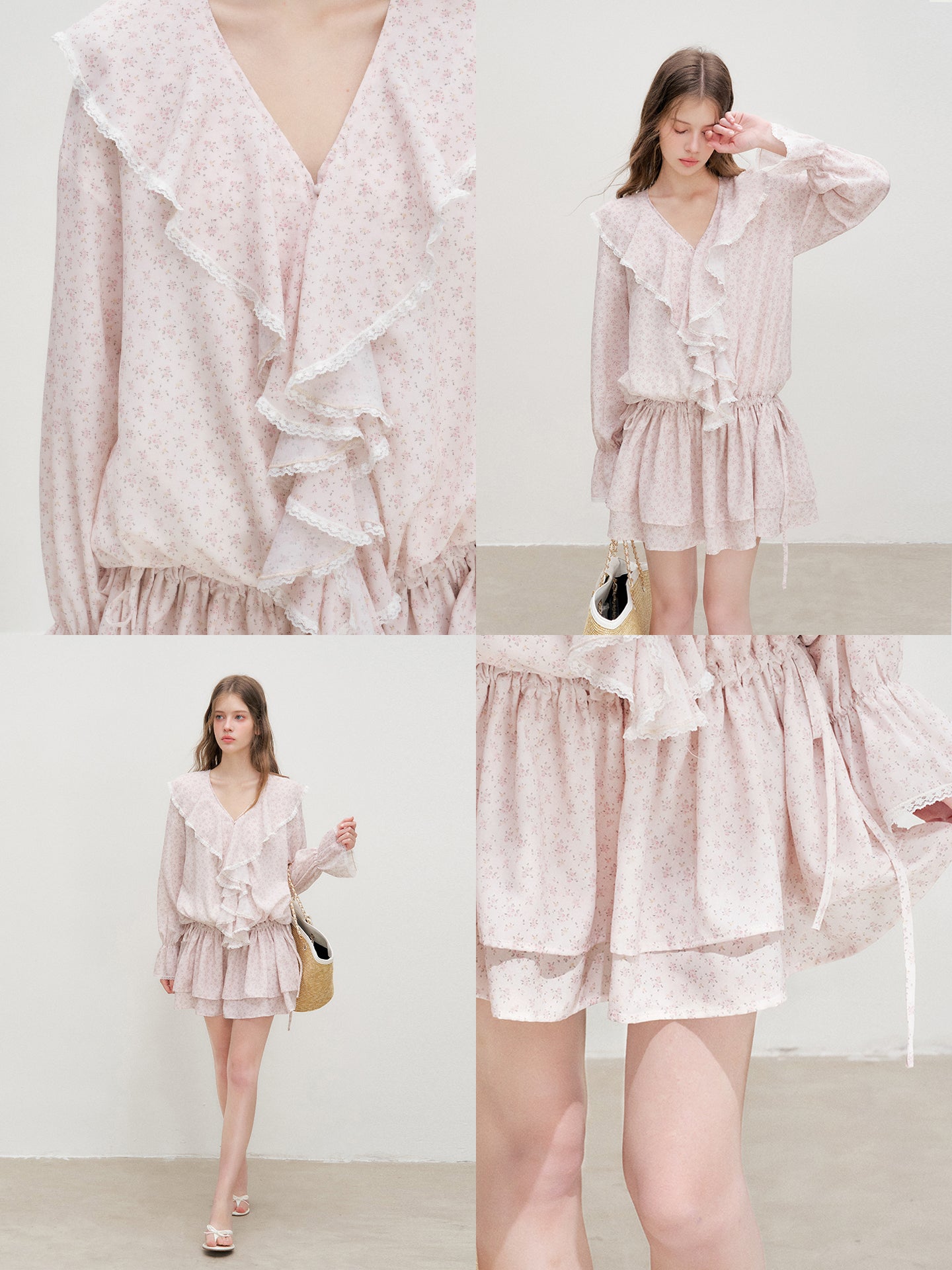 16DEWS 16D26337 Light Pink Floral Ruffle V-Neck Dress