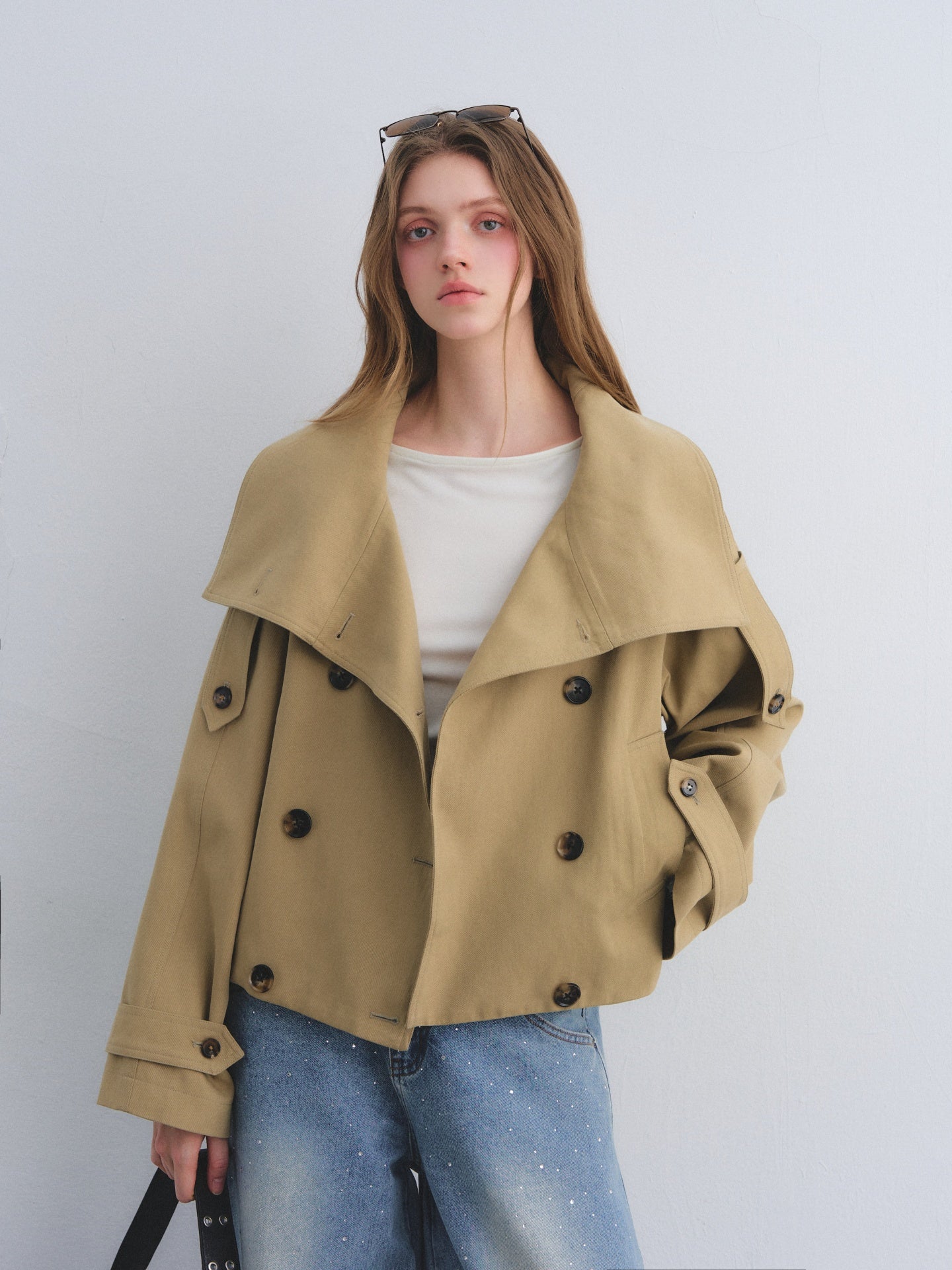 AsGony ASG25669 Big collar flower bud cocoon shaped double breasted jacket