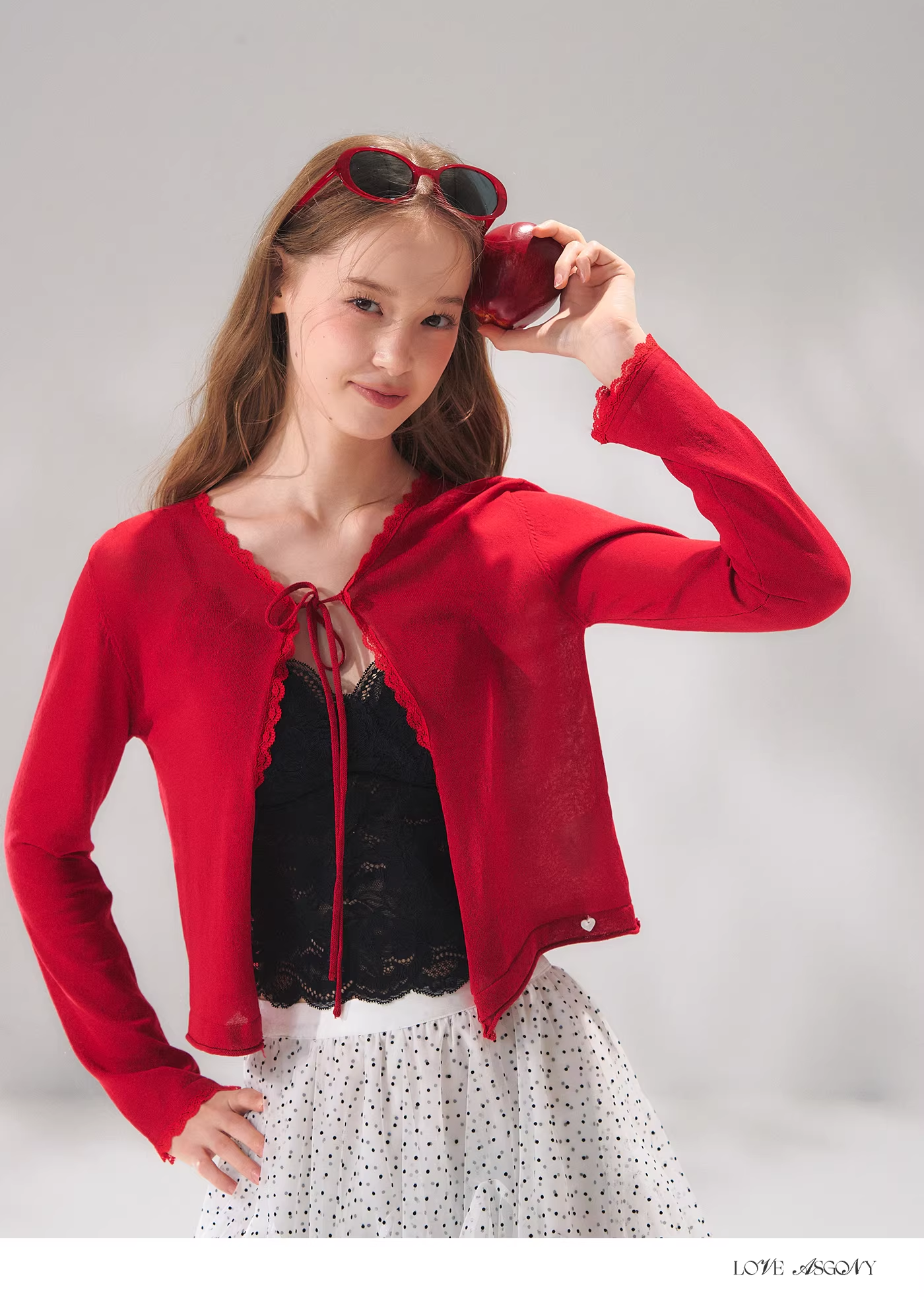 AsGony ASG26085 Knitted lace patchwork tie cardigan