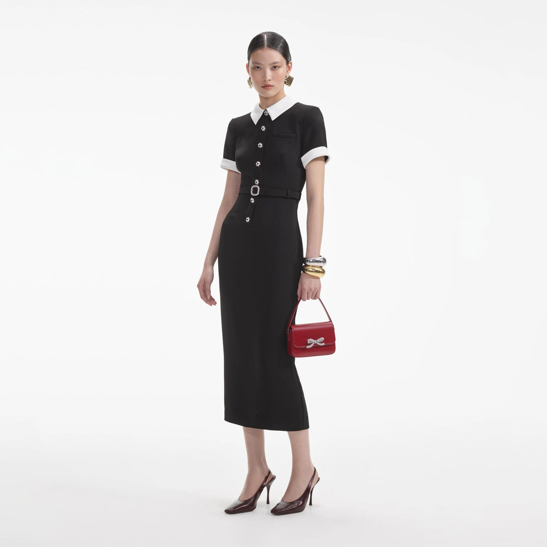 Self-Portrait Black Crepe Contrast Midi Dress