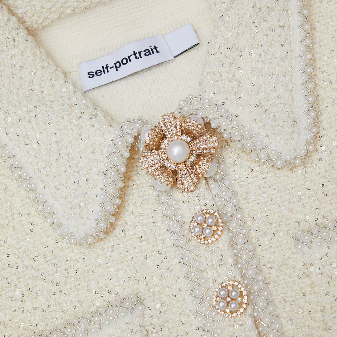 Self-Portrait Cream Sequin Knit Pearl Mini Dress CHUUI_Collection Self-Portrait Cream Sequin Knit Pearl Mini Dress CHUUI_Collection