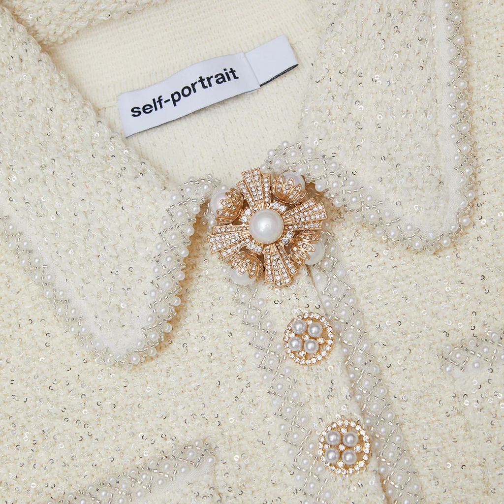 Self-Portrait Cream Sequin Knit Pearl Mini Dress