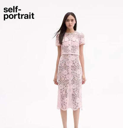 Self-Portrait PINK LACE DIAMANTE BOW MIDI DRESS